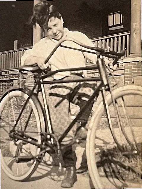 Antique Bicycle Vintage Photo Young Boy Crazy Hair Crazy Pants 1933