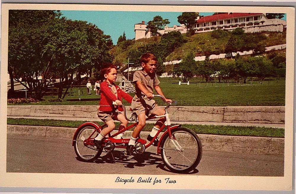 Mackinac Island MI Boys on Tandem Bicycle Built for Two Postcard Curteichcolor
