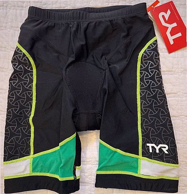 TYR COMPETITOR Men's Youth Small Black Green 9" Tri Exercise Shorts With Pad New
