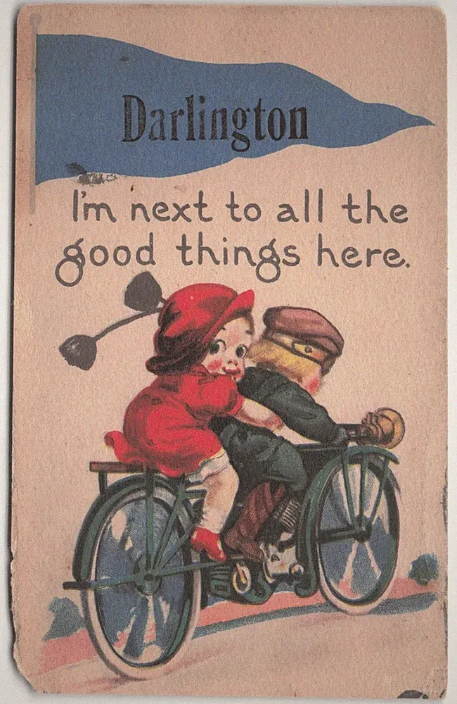 VTG Darlington Indiana 1914 Children Tandem Bicycle Cartoon Postcard E.C. Kropp